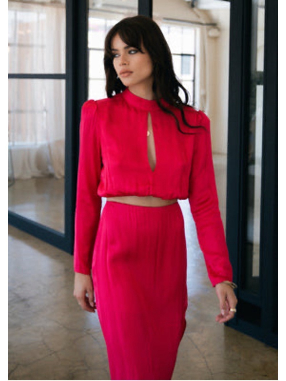 Women's Stillwater Pink Mock Neck Cutout Crop Top S